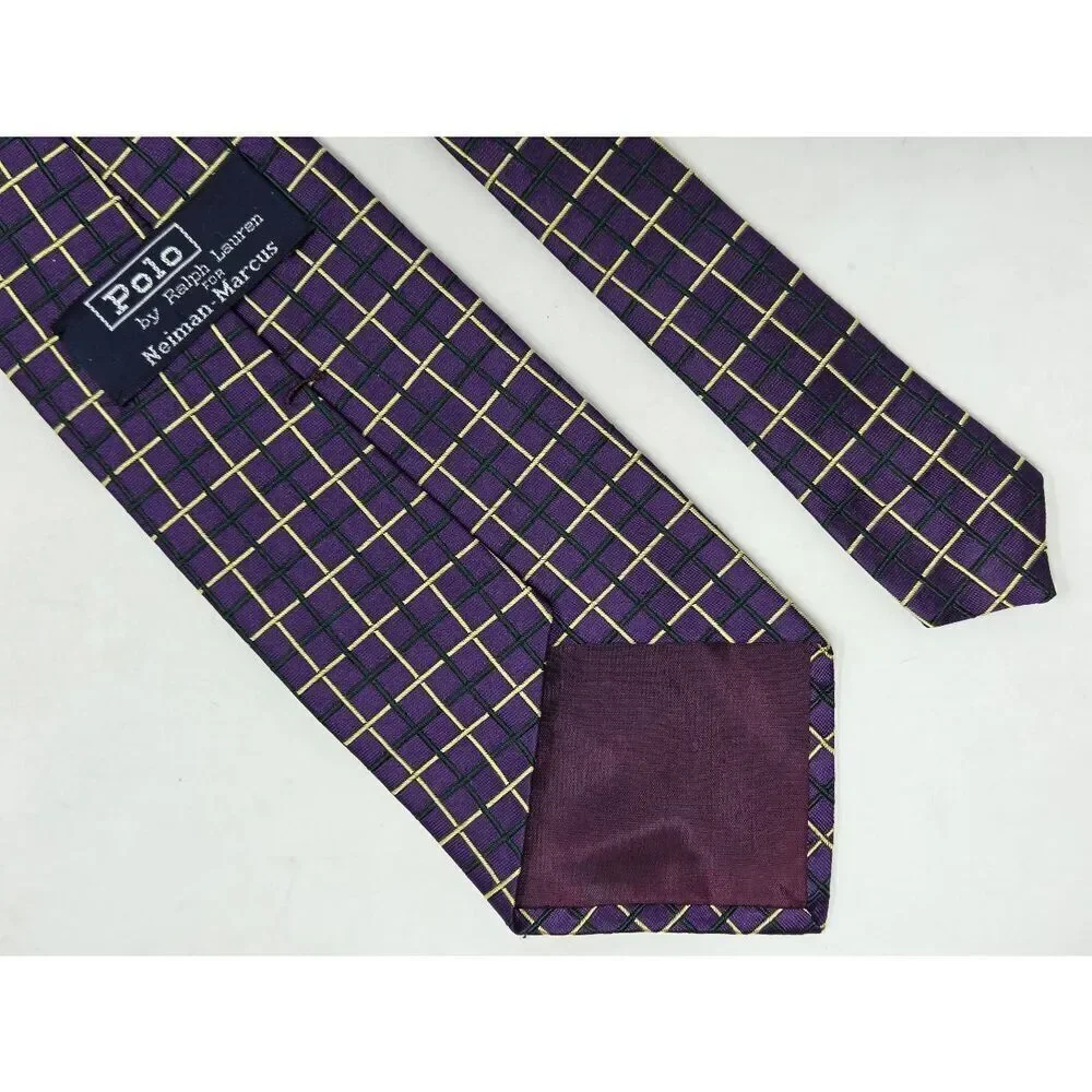 POLO RALPH LAUREN SILK TIE PURPLE YELLOW GREEN SATIN JACQUARD PLAID 4